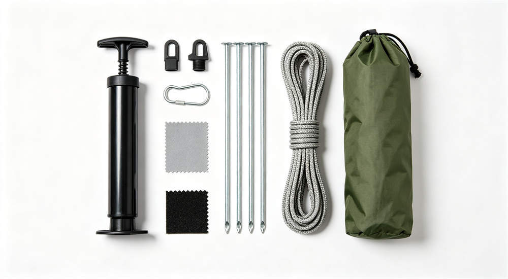 Accessory set on white background, product photography red and white inflatable emergency tent for disaster relief operations red and white inflatable emergency tent for disaster relief operations