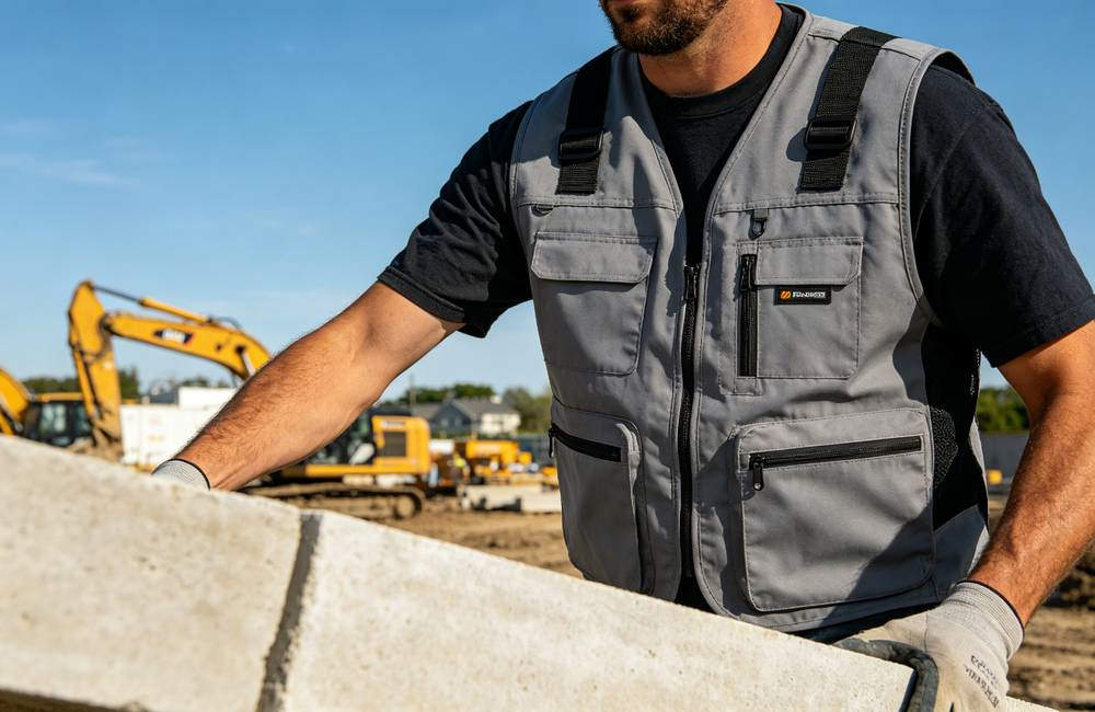 Evaporative cooling vest worn by construction worker keeps core temperature safe during extreme heat outdoor work