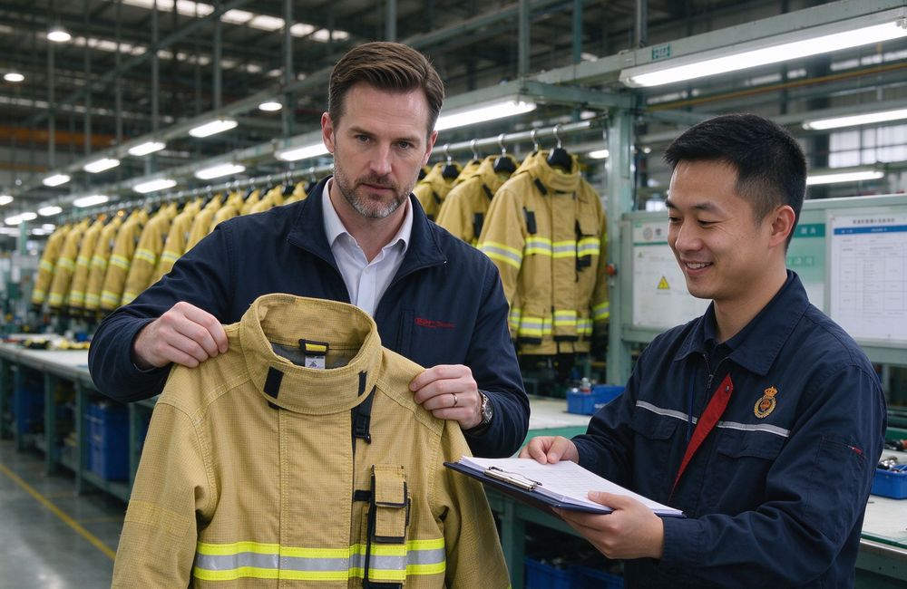 Night-time view of buyer inspecting turnout gear seams and reflective trim at factory, firefighter turnout gear quality check, bulk supplier China for firefighter turnout gear wholesale buyers
