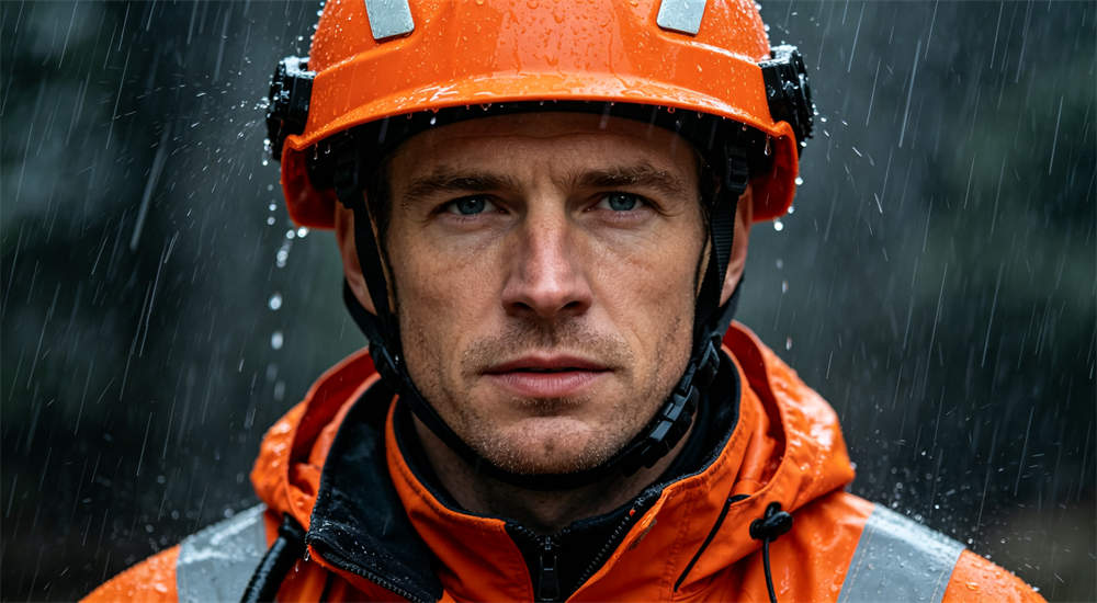 Caucasian rescue worker wearing orange helmet and rain gear in heavy rain, close up portrait of emergency responder in hurricane conditions for wholesale disaster relief and relief organization procurement