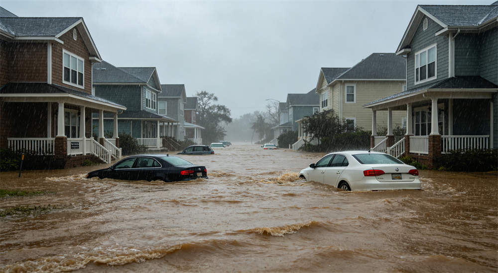 Storm surge flooding city street with cars partially submerged, dramatic hurricane flood damage scene showing rising ocean water for bulk flood relief supplies guide