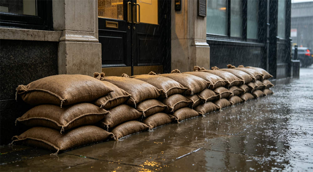 Brown sandbags stacked as flood barrier in front of building entrance with wet rainy street, flood protection measure for bulk hurricane response supplies