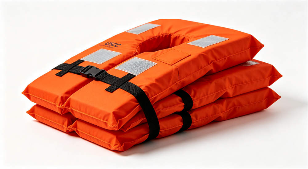 Orange life jackets stacked neatly in pile, USCG approved personal flotation devices for flood rescue, bulk PFD supplies for ngo emergency supplies and relief organization procurement