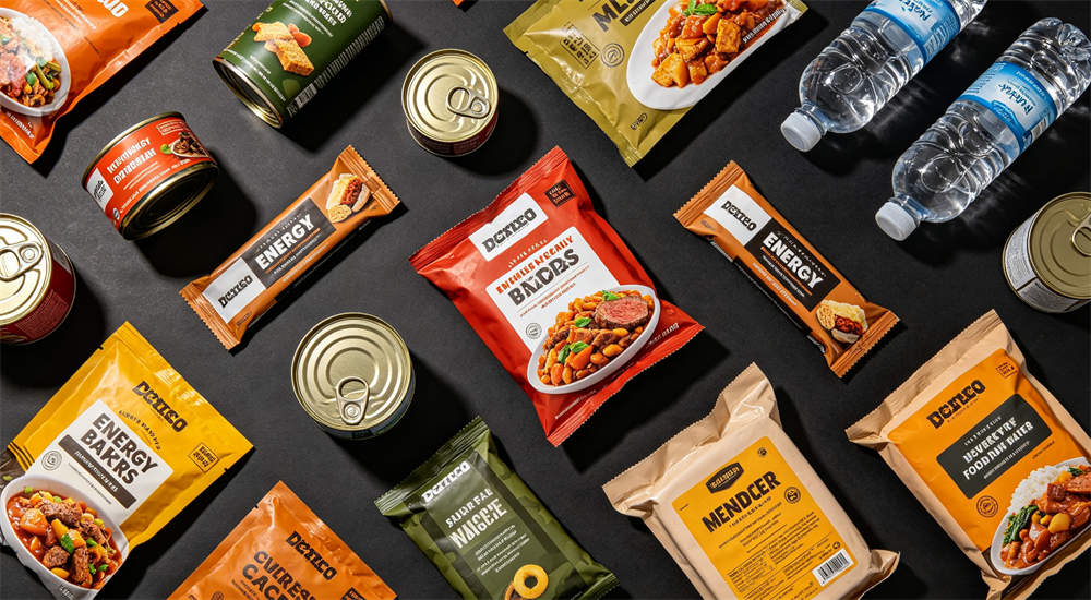 Emergency food supply set laid out flat showing canned goods energy bars and bottled water, bulk emergency food kit overview for relief organization procurement
