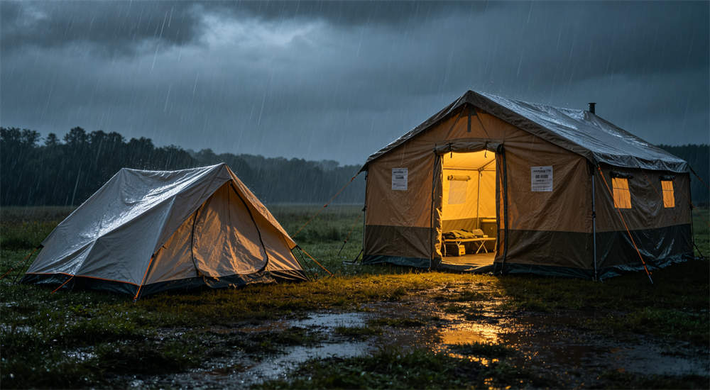 Comparison of cheap flimsy tent collapsed in rain vs sturdy waterproof relief tent standing, product quality comparison for bulk tent procurement decisions