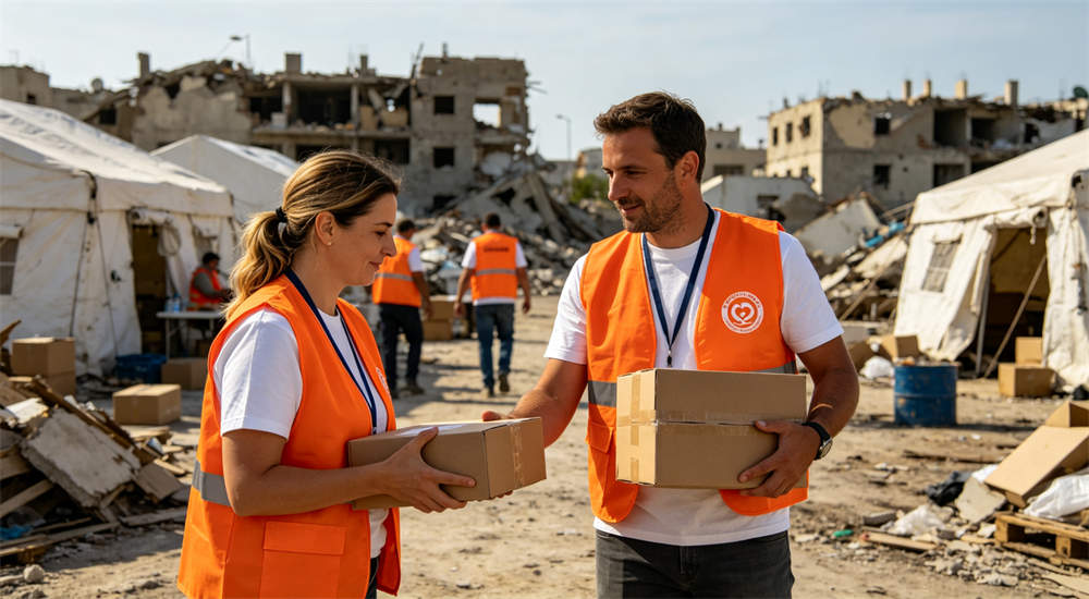 Caucasian NGO relief team working in disaster zone, white volunteers in orange vests distributing supplies, realistic international relief team scene for NGO procurement