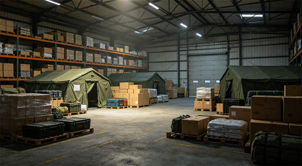 Large warehouse full of relief supplies stacked on pallets, boxes and tents and equipment, wholesale distribution warehouse setting for bulk hurricane supplies