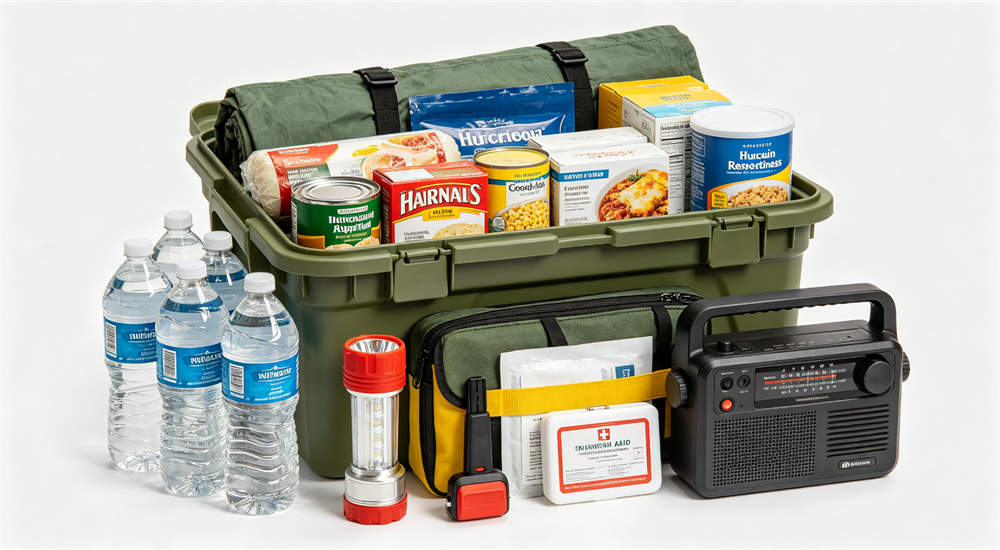 Collection of hurricane preparedness supplies organized in green storage box with water food flashlight first aid radio, bulk supply storage solution guide