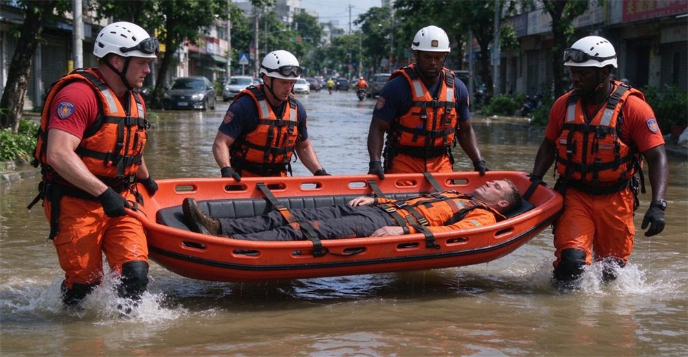 Type 3 authentic ABS boat-type basket stretcher BS-CXDJ001, orange-red with 12 oval handle holes on both sides, black EVA inner padding, 4 straps, orange floatation tubes, four rescuers carrying through flood water.