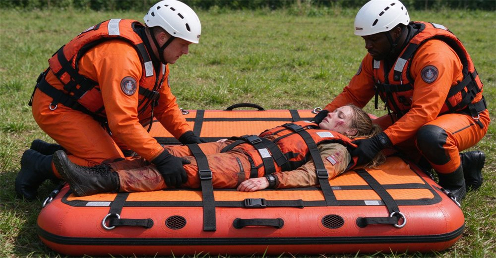 Two rescuers fastening black fixing straps with buckles across patient chest, waist and thighs on authentic foam-filled platform with horizontal straps, webbing handles and drainage holes, close-up strap detail on grass.