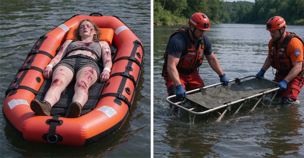 Side-by-side comparison: authentic foam-filled floating platform with straps floating on water carrying patient versus traditional wheeled stretcher partially sinking, rescuer in water guiding platform, two rescuers on bank with stretcher, river scene.