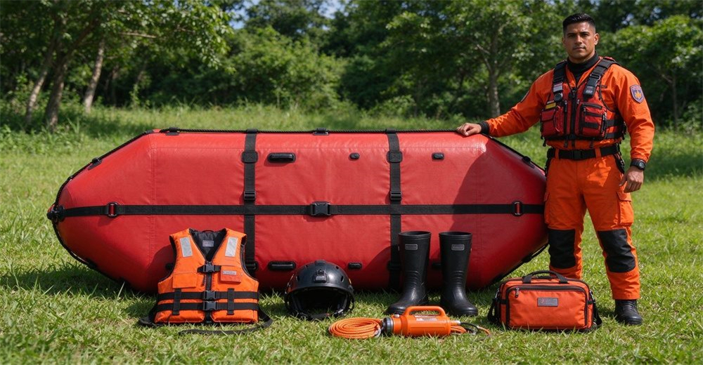 Professional flood rescue combo on grass: authentic foam-filled platform with horizontal straps and drainage holes, orange life jacket, orange helmet, black rescue boots, orange line thrower, red first aid kit, yellow throw bag, overhead flat-lay.