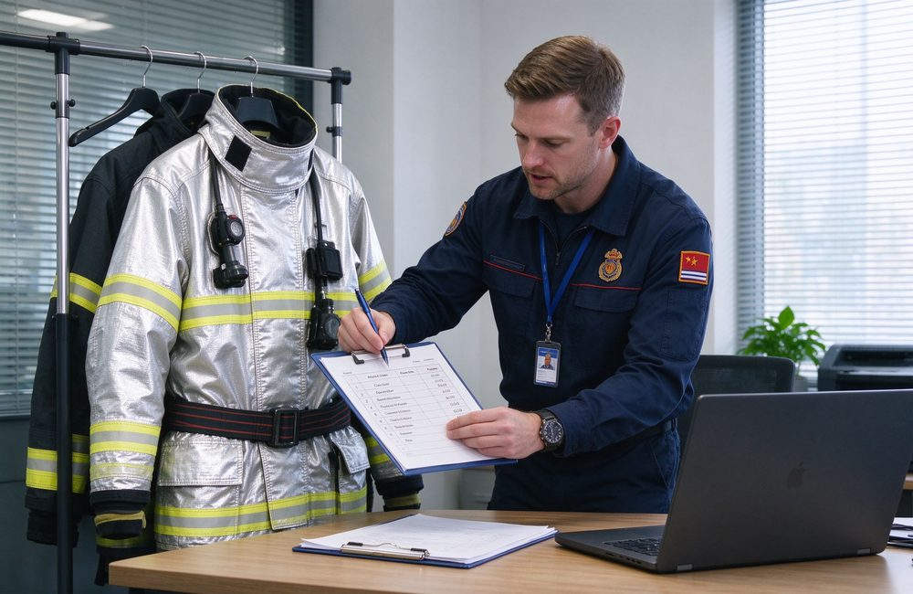Top-down view of supplier checklist for aluminized fire proximity suit orders covering fabric standard and size range for radiant heat protection specification confirmation