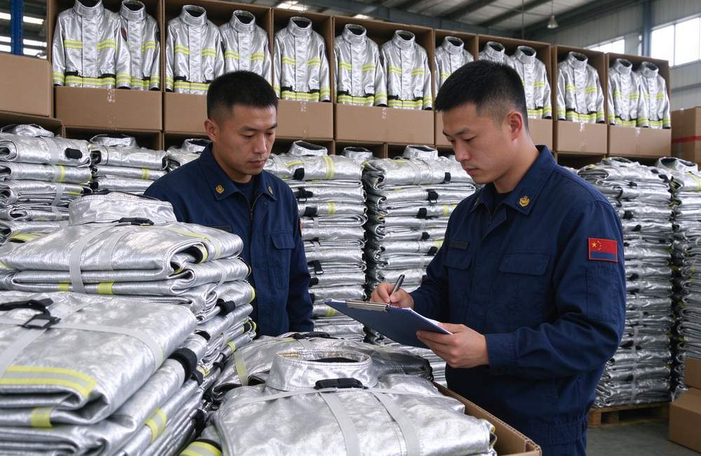 Eye-level view of bulk order silver aluminized fire proximity suits packed in warehouse for radiant heat protection wholesale supply to refinery and industrial fire safety teams