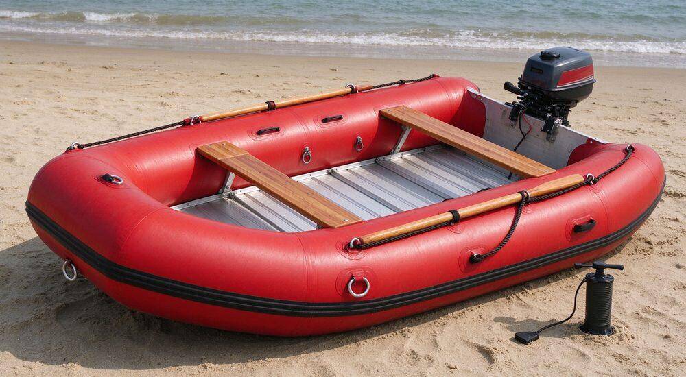 Fully inflated PVC inflatable rescue raft displayed on sandy beach showing aluminum floor panels oar seats grab ropes and stainless D-rings ready for flood rescue boat wholesale buyers