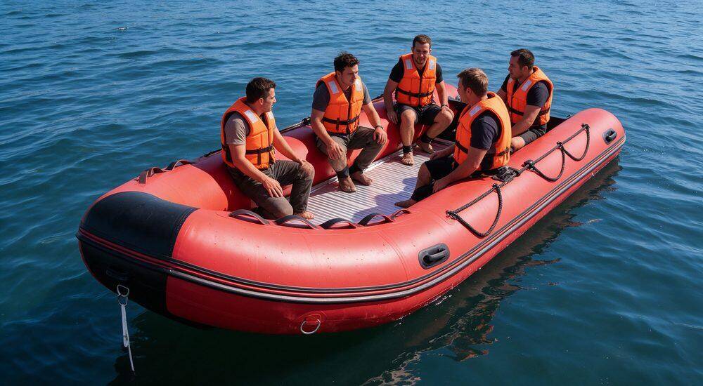 Infographic diagram illustrating buoyancy calculations and load capacity specifications for inflatable rescue boat showing multiple independent air chambers maximum passenger rating and weight distribution for safe operations