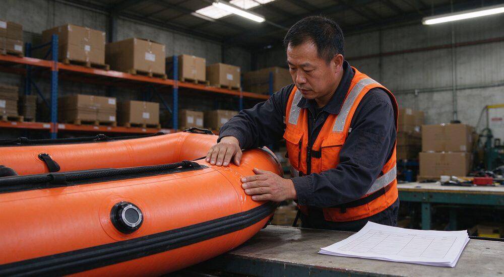 Factory inspector in orange safety vest performing quality inspection on orange inflatable rescue boat in warehouse checking seam integrity and air valve before wholesale shipment