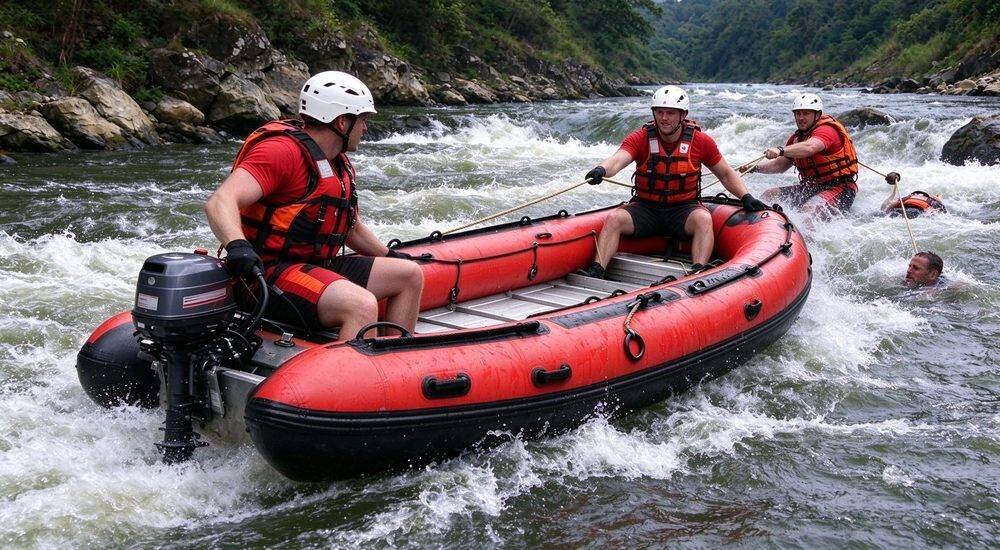 Whitewater river rescue with inflatable rescue raft in fast-moving current showing male rescue team performing swiftwater victim extraction and patient transfer using flood response boat techniques