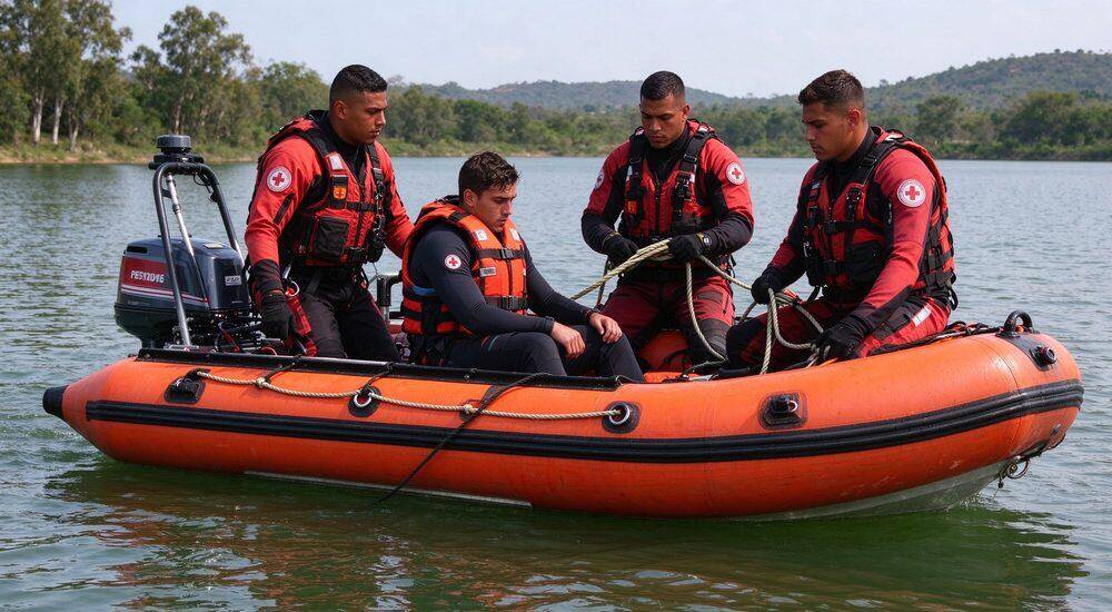 Calm lake water rescue with inflatable rescue dinghy where male rescuer is pulling exhausted swimmer into boat showing gentle water rescue technique for peaceful environments