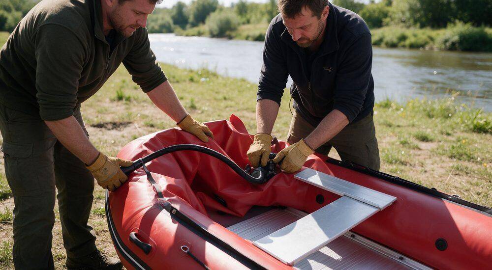 Step-by-step infographic showing inflatable rescue boat inflation process from unfolded to fully ready using hand pump in four easy sequential deployment steps for teams and agencies