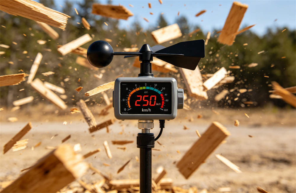 Anemometer showing 250 km/h wind speed during severe tornado weather event for disaster preparedness today now now for bulk tornado emergency kit procurement and wholesale NGO relief orders today now