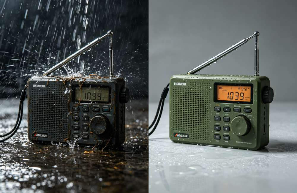 Side by side comparison of a cheap broken battery radio on left and certified IPX5 weather radio on right, showing procurement quality differences.