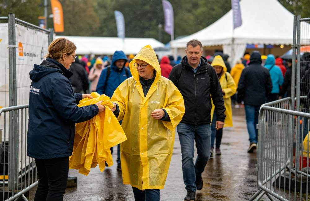 Event staff handing out rain ponchos to attendees at outdoor festival entrance during rainy weather, showing bulk procurement in action.