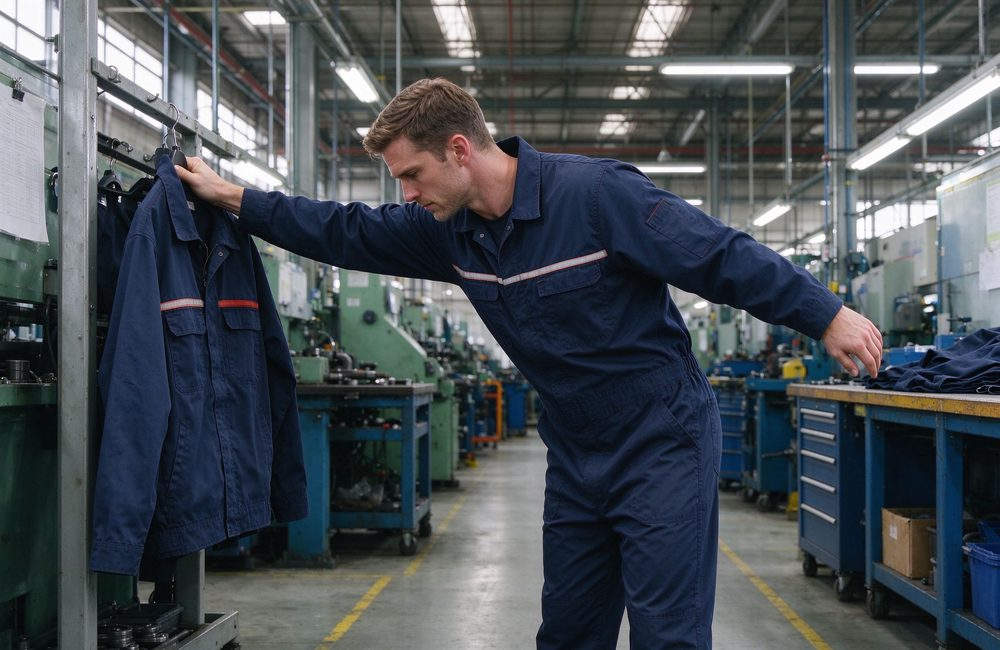 Eye-level view of fR coveralls front closure and cuff detail for flame resistant workwear protection integrity and fire resistant clothing quality inspection for FR coveralls export supply