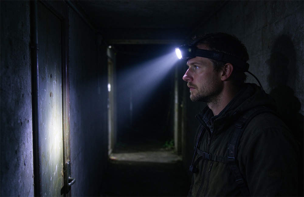 Man wearing LED headlamp walking through a dark hospital hallway during a power outage, bright white beam visible, hands-free lighting for shelter staff and medical teams