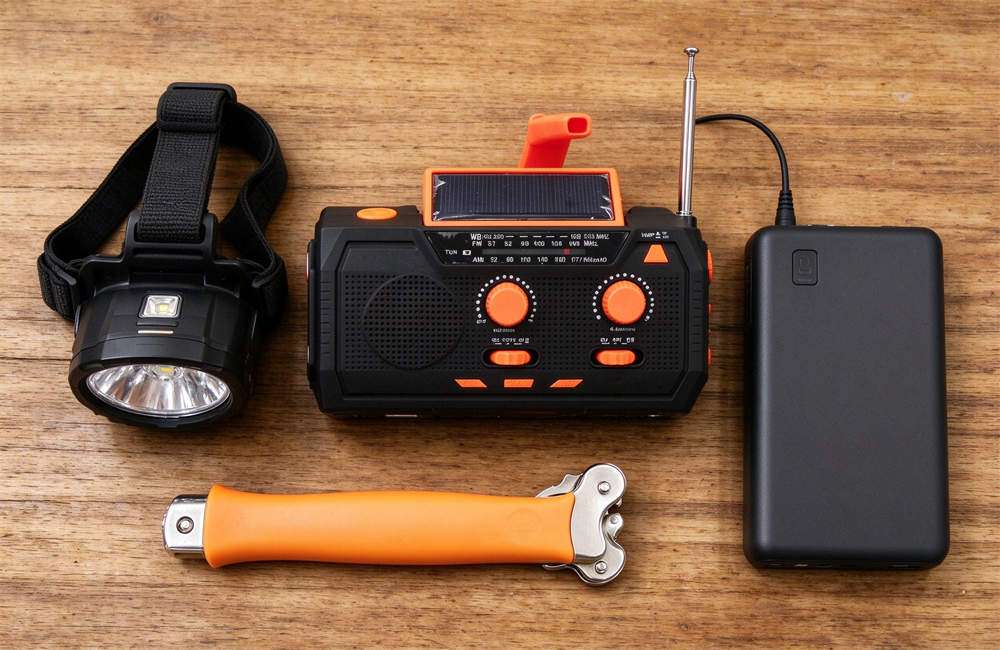 Top-down flat lay of complete power outage kit: hand crank radio, LED headlamp, power bank, can opener, flashlight on light wooden table, all essential bulk emergency supplies