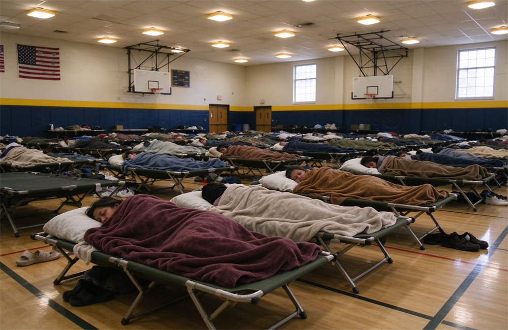 Bright school gymnasium emergency shelter with rows of folding cots, people covered with thick blankets sleeping on cots, lit by bright natural daylight from large windows, completely dark night outside