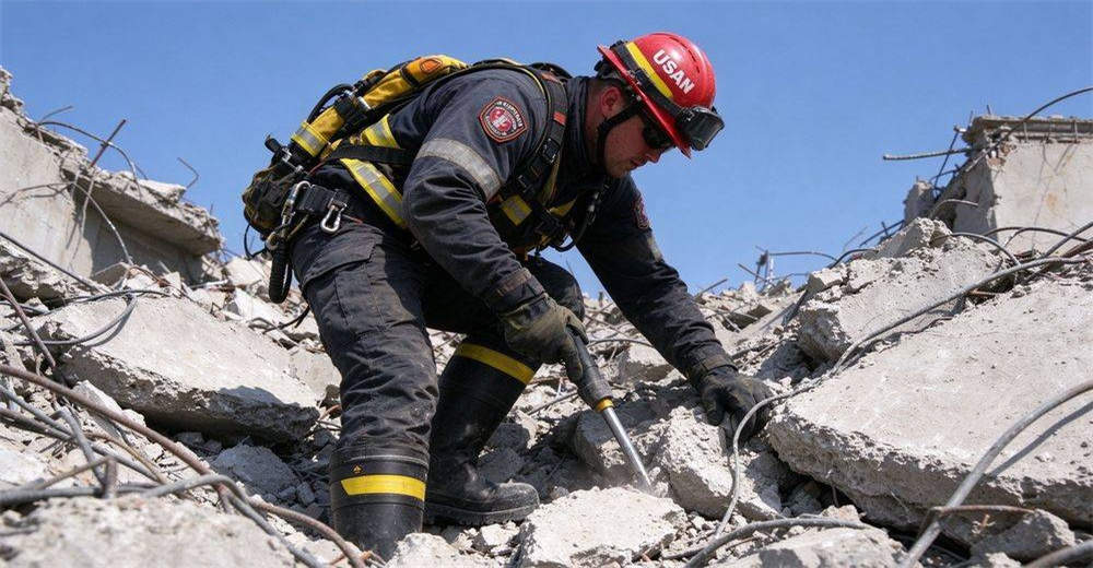 USAR search and rescue team wearing steel toe puncture proof rescue boots searching through rubble