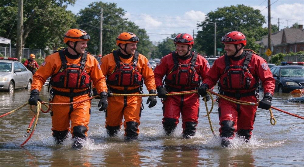 Dry suit flood rescue team operation in urban environment with team members wading through contaminated water wearing full thermal protection