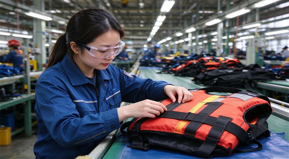 Factory quality inspection worker examining water rescue PFD for defects ensuring product quality and safety standards before shipment to customers worldwide Factory quality inspection worker examining water rescue PFD for defects ensuring product quality and safety standards before shipment to customers worldwide
