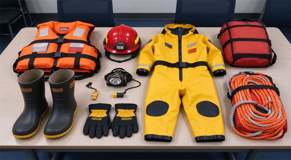 Complete flood rescue gear flat lay showing PFD helmet dry suit boots gloves throw bag rope and communication equipment for professional team procurement