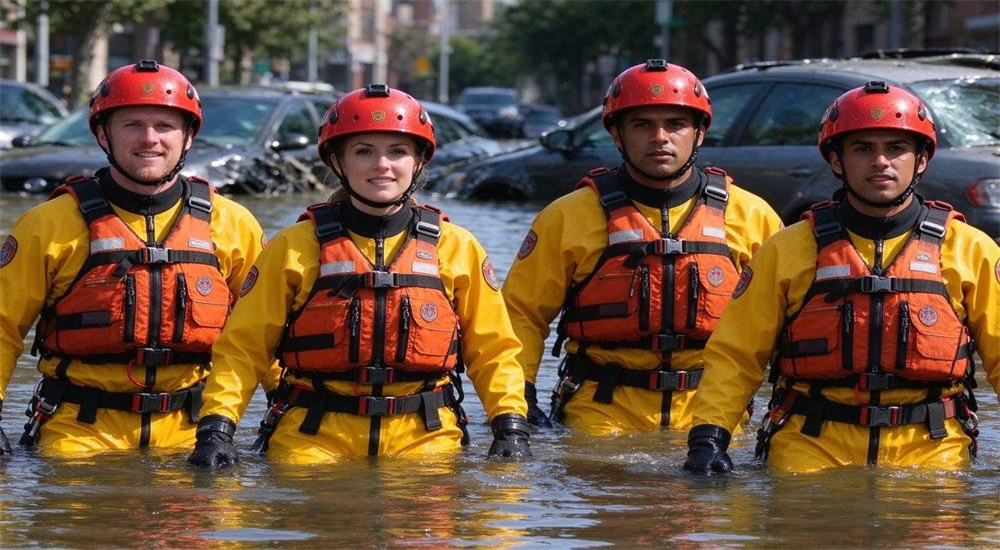 Urban flood rescue operation team working in submerged street environment with PFDs helmets and ropes performing civilian evacuation and water rescue