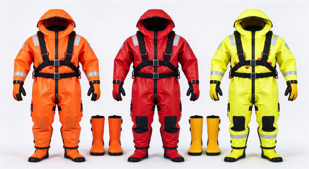 Professional ice rescue team in red and orange ice rescue suits conducting training on frozen lake with safety ropes and helmets in cold winter environment