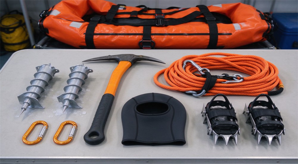 Cold water rescue equipment flat lay showing ice rescue suit PFD helmet ice picks reach pole throw rope and thermal blanket arranged on white background for professional team inventory