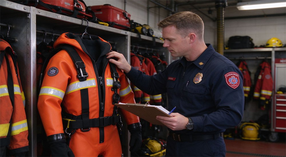 Ice rescue officer checking suit seals zippers and buoyancy during pre-deployment inspection in equipment room with organized storage racks and checklist