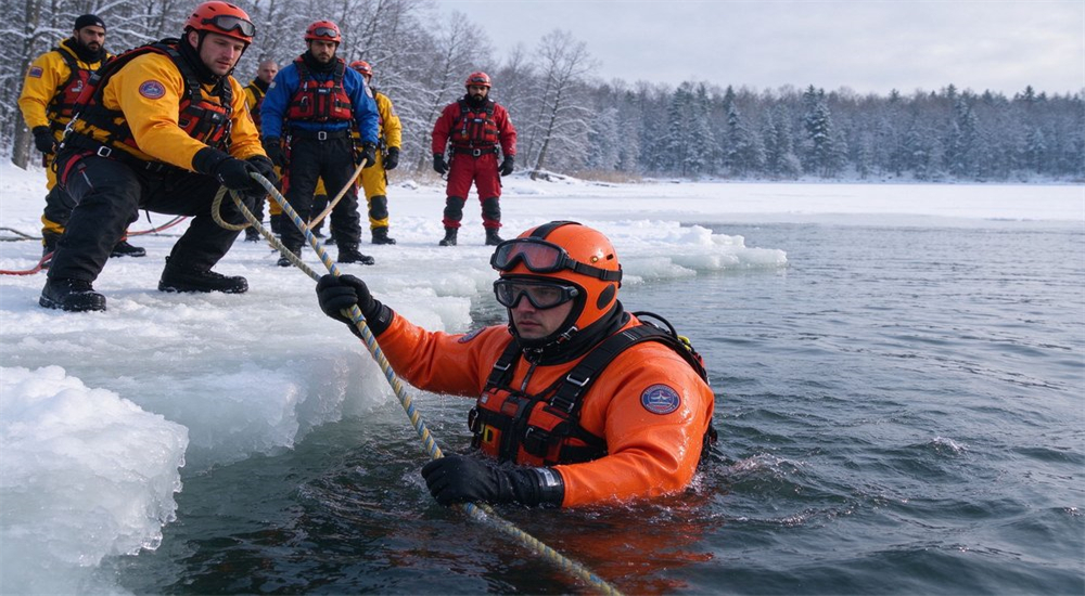 Ice rescue team demonstrating reach technique with telescoping pole on frozen lake while second rescuer provides safety tether from stable ice position in winter training