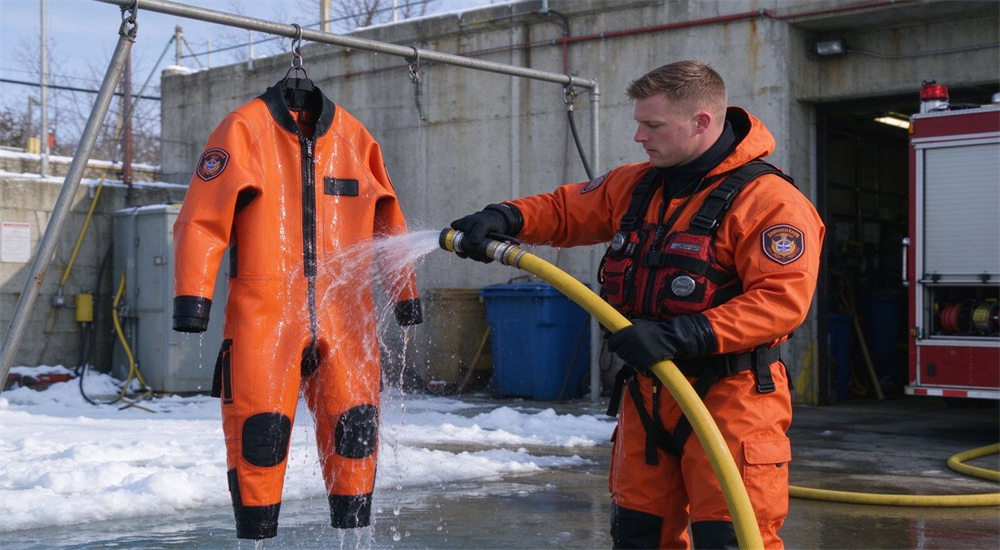 Post ice rescue medical care scene showing team member wrapping victim in thermal blanket with hot water bottles while monitoring vital signs in winter emergency response setting