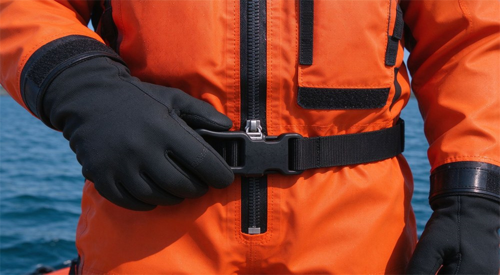 Front watertight zipper oversized pull handle detail of ice rescue suit showing corrosion resistant zipper and large grip handle for cold water rescue equipment maintenance and inspection
