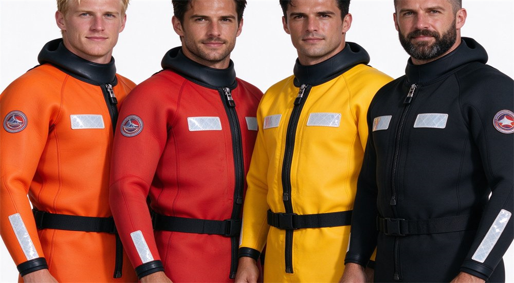 Four different colored rescue dry suits displayed showing orange red yellow and black options with waterproof zippers and thermal liners for maritime cold water rescue operations
