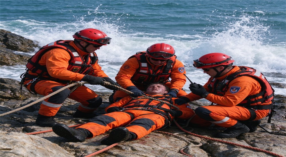Coast guard rescue team working together on rocky shoreline during training exercise demonstrating teamwork and coordinated maritime response operations with full PPE