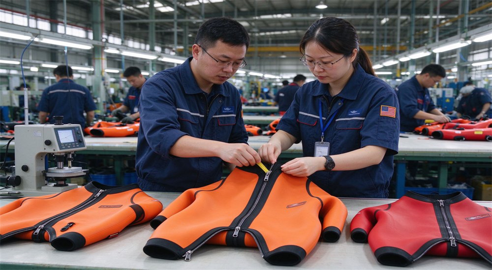 Factory quality control inspector examining dry suit zipper and seam tape during manufacturing quality assurance for saltwater rescue suit corrosion protection and maritime equipment durability standards