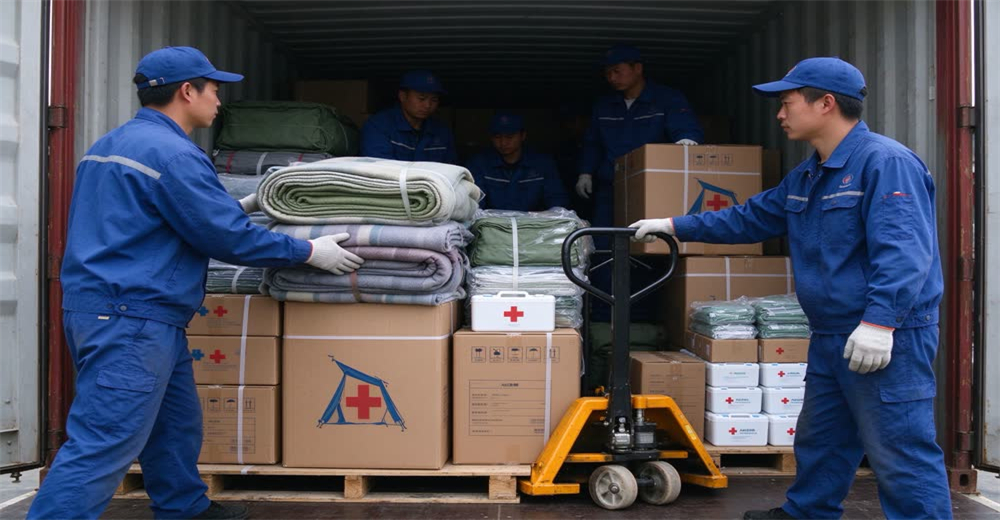 Wide view of workers loading mixed pallets of blankets cots and tents into shipping container showing consolidated container loading