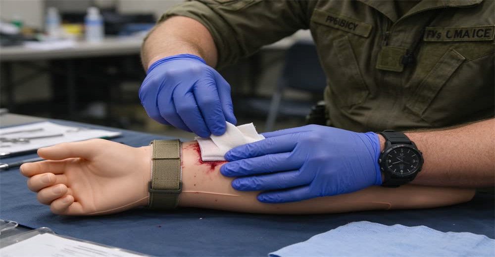 Close-up of instructor demonstrating wound packing gauze during tactical combat casualty care training
