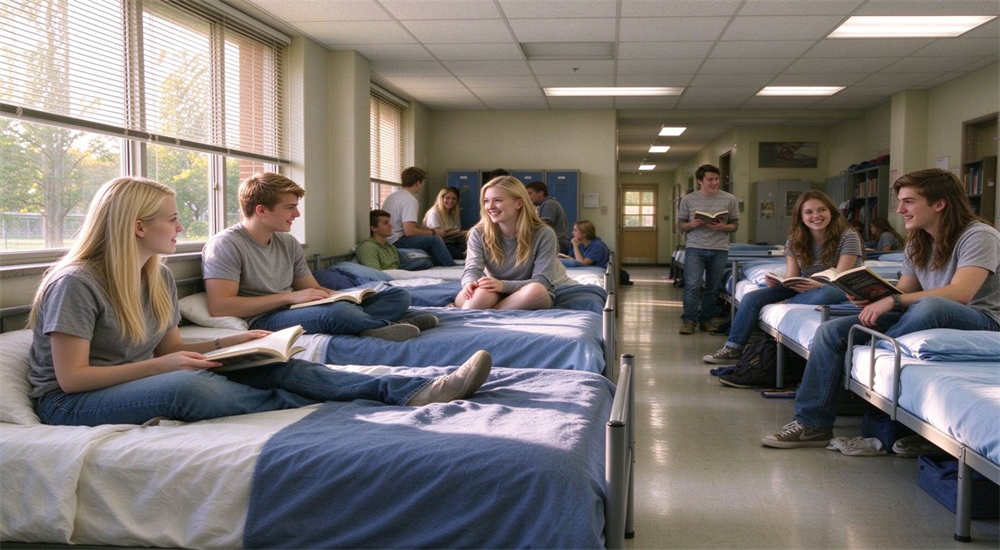 School dormitory room with multiple beds, bedding sets and storage lockers for bulk bedding procurement, showing how institutional dormitory textile supplies handle student housing capacity School dormitory room with multiple beds, bedding sets and storage lockers for bulk bedding procurement, showing how institutional dormitory textile supplies handle student housing capacity