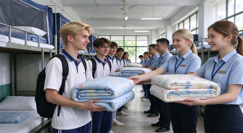School move in day students receiving bedding for school bedding supplier, showing staff handing bedding sets and mosquito nets to students for dormitory textile bulk orders School move in day students receiving bedding for school bedding supplier, showing staff handing bedding sets and mosquito nets to students for dormitory textile bulk orders