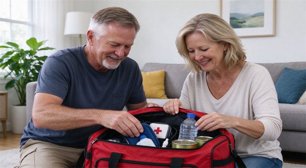 Foreign couple packing a red 72-hour family emergency kit with first aid, bottled water and food rations at home, wholesale emergency kits from China